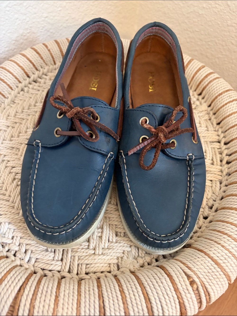 Sperry inspired Navy Leather Boat Shoes with Brown Laces Bosi European brand